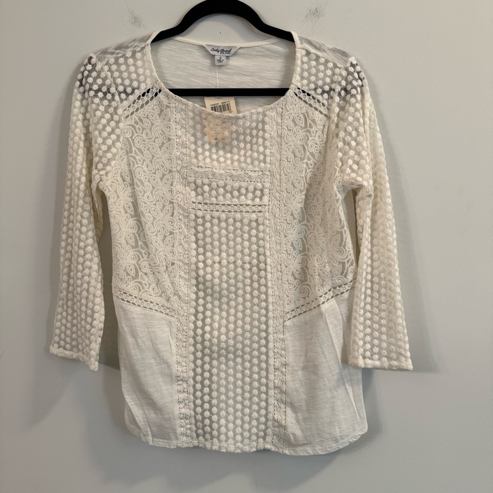 Women’s new Lucky Brand off White Lace quarter sleeve blouse size small